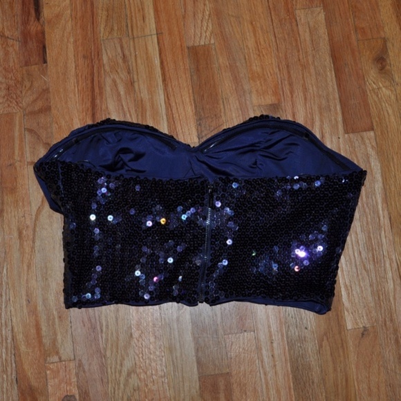 BEBE Navy Blue Sequin Wrap Bustier Crop Top sz L - Picture 5 of 8